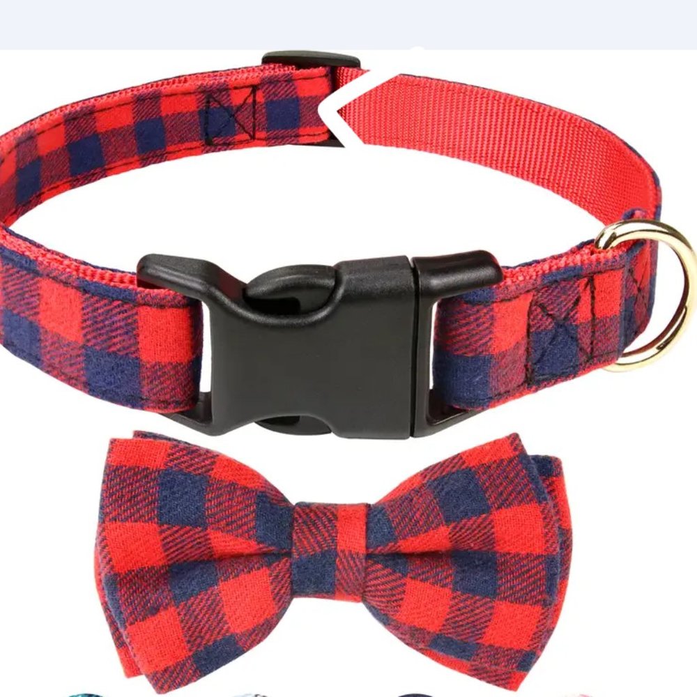 NWT Plaid flannel bowtie collar red and blue S - 10-16"